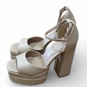 DREAM PAIRS tan Chunky Block Platform Ankle Strap Sexy Open Square Toe Heels